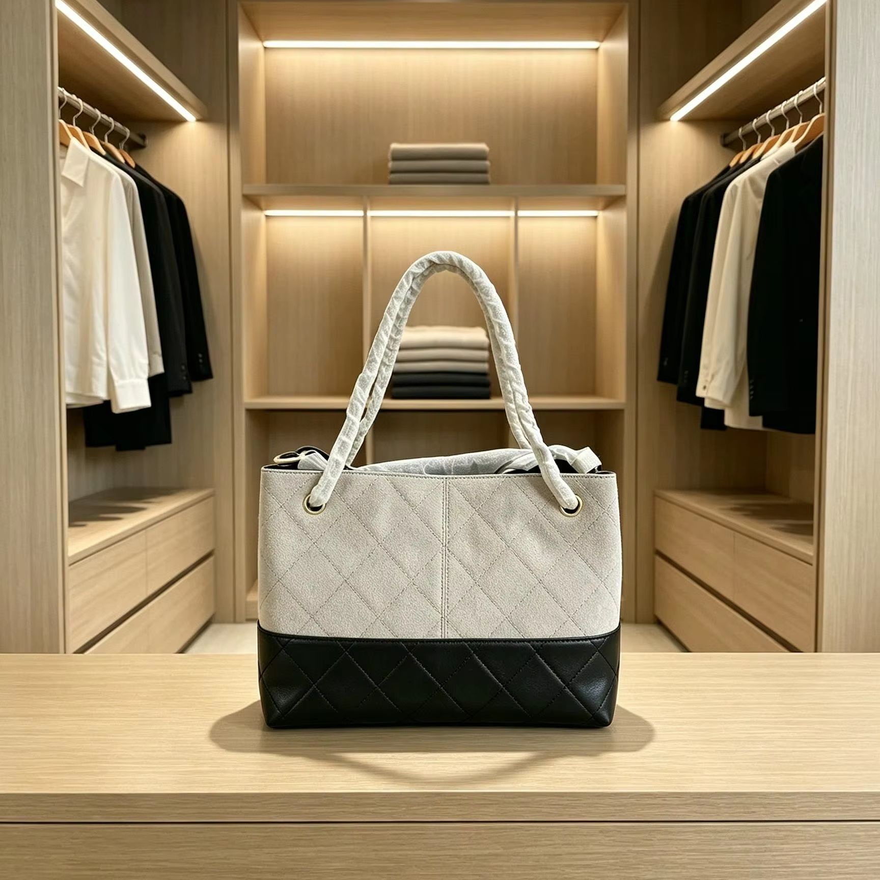 Women Bags Grey - กระเป๋าโท้ทควิลท์ทูโทนสีเทาดำ กระเป๋าถือสะพายไหล่โซ่ถักสำหรับผู้หญิง