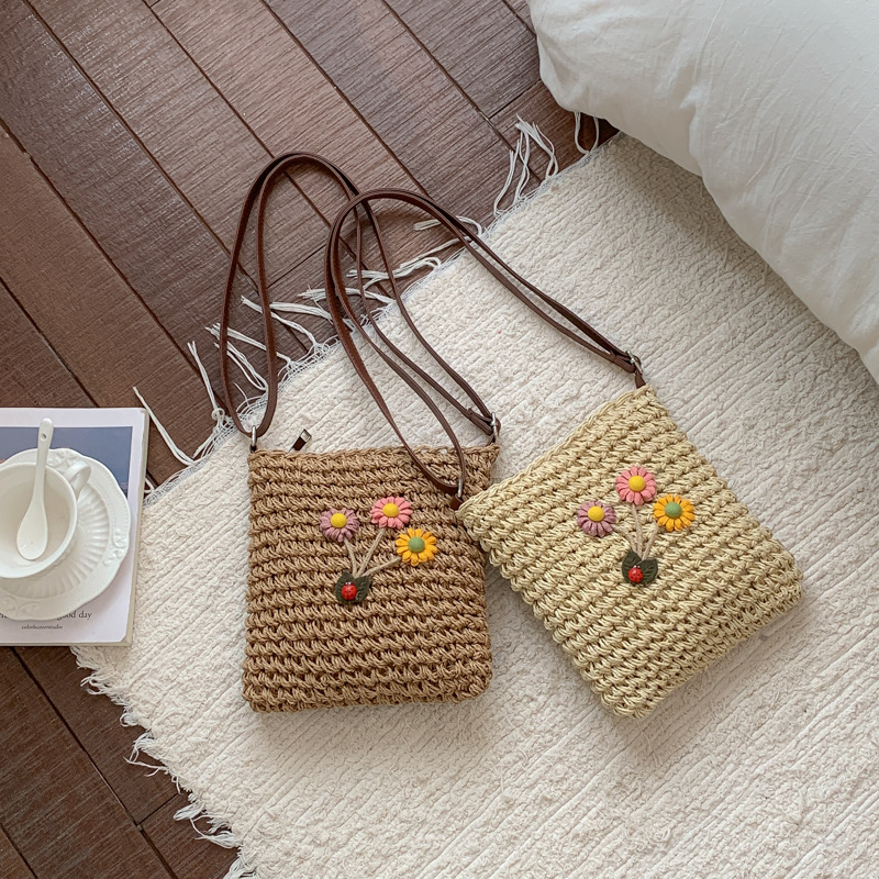 Women'S Bags Holiday - กระเป๋าสะพายข้างผู้หญิงทำจากหวายสานตกแต่งดอกไม้ ทรงสี่เหลี่ยม สำหรับฤดูร้อน ชายหาด กระเป๋าสะพายไหล่ กระเป๋าถือหวาย