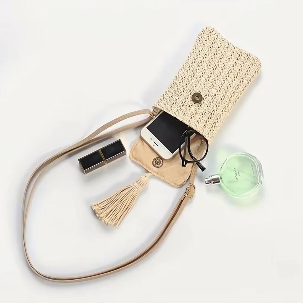 Women'S Bags Holiday - กระเป๋าสะพายข้างสานทรงครอสบอดี้สำหรับผู้หญิง กระเป๋าใส่โทรศัพท์ขนาดเล็ก กระเป๋าถือแบบมีพู่ห้อย สไตล์โบฮีเมียน สำหรับฤดูร้อน ไปเที่ยวทะเล